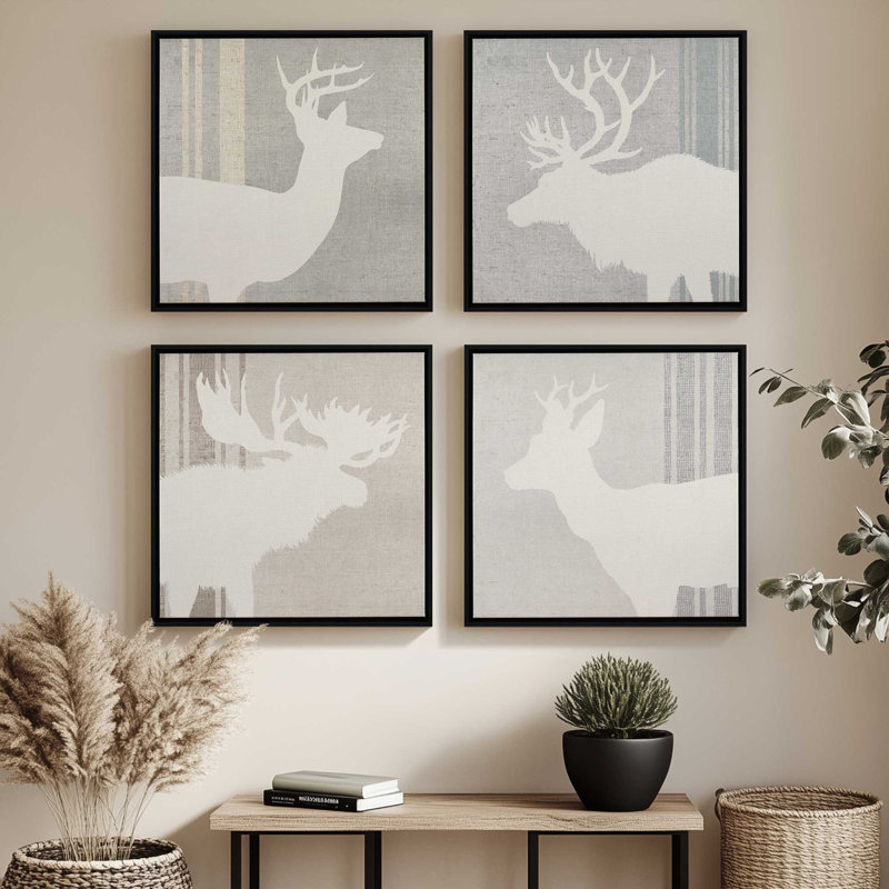 Ensemble de 4 silhouettes de bois de cerf, H 33 po x l 132 po, Cadre flottant en chrome poli