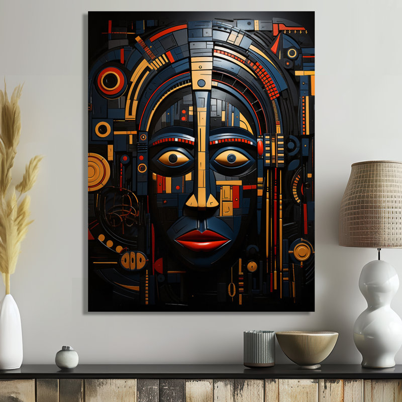 Indigène tribal masque jaune bleu - masque africain, Toile tendue, H 32 po x l 16 po x P 1 po