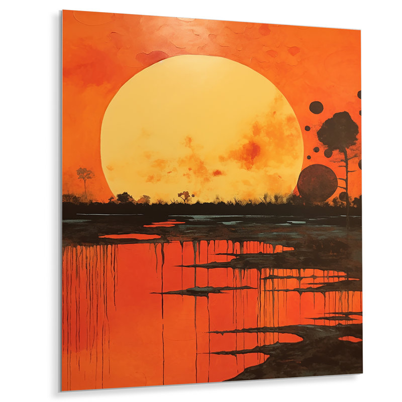 Pleine lune, gloire au-dessus du lac, couleurs rétro - paysage abstrait, art mural, Sans cadre, métal, H 20 po x l 12 po