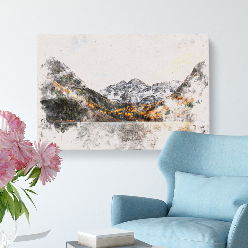 Maroon Bells Mountains in Colorado Watercolour - Wrapped Canvas, 45cm H x 76cm W x 4cm D
