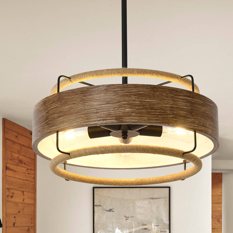 Lustre tambour 5 lumières en faux grain de bois, lustre rustique Boho de 20 po avec rotin tissé à la main pour salle à manger, salon, îlot de cuisine, entrée