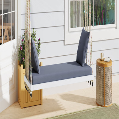 Balancelle de patio en bois, banc de balancelle suspendu avec coussin et coussins, cordes en chanvre de 10,8 pi pour le jardin, la cour, la pelouse, blanc