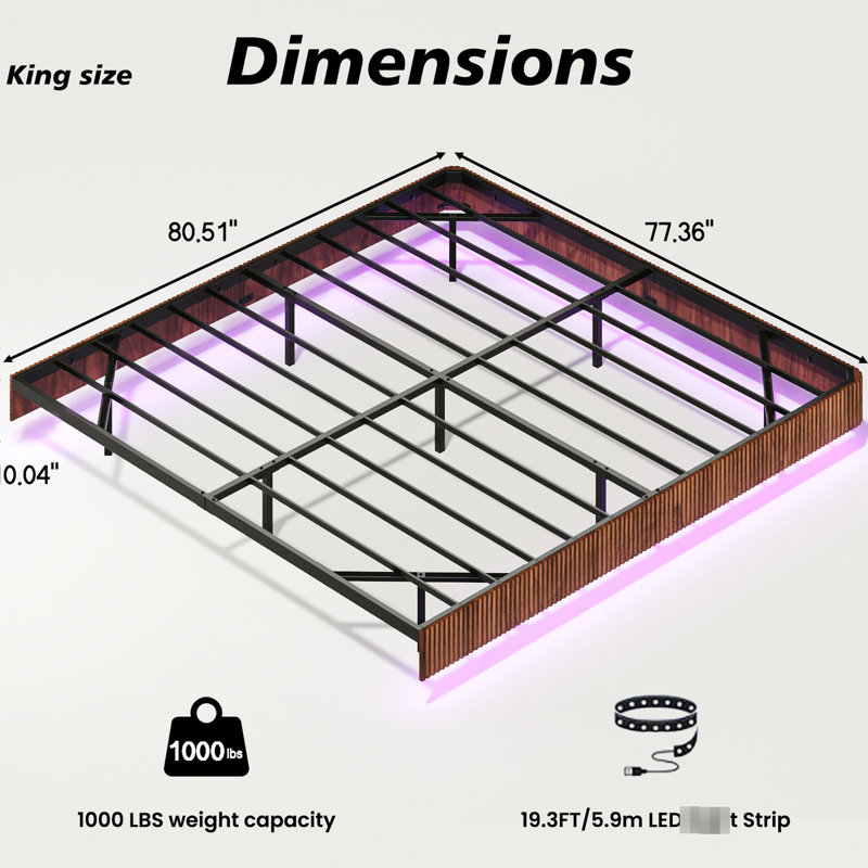 Floating Bed Frame Of King Dimensions With Walnut - Colored Finish And Led Lights For Decoration, Wave Formed Wood Texture, Metal Slats Support, No Box Spring Setup, Invisible Suspension Design