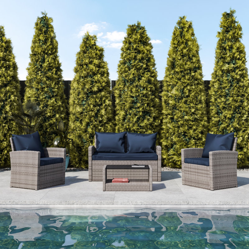 Accomac 4 Piece Patio Set with Back Pillows and Seat Cushions, Gray, Navy