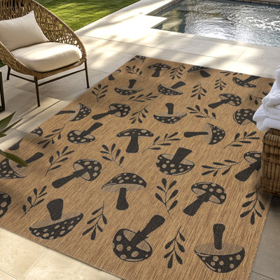Tapis intérieur / extérieur en polypropylène tissé à plat à motif de champignon brun crème / brun Solterra Kinoko