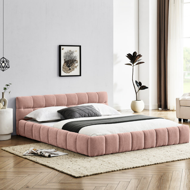 Lit tapissier grand - Tête de lit épaisse en tissu de chenille rose et structure solide sans rembourrage de sommier, Rose