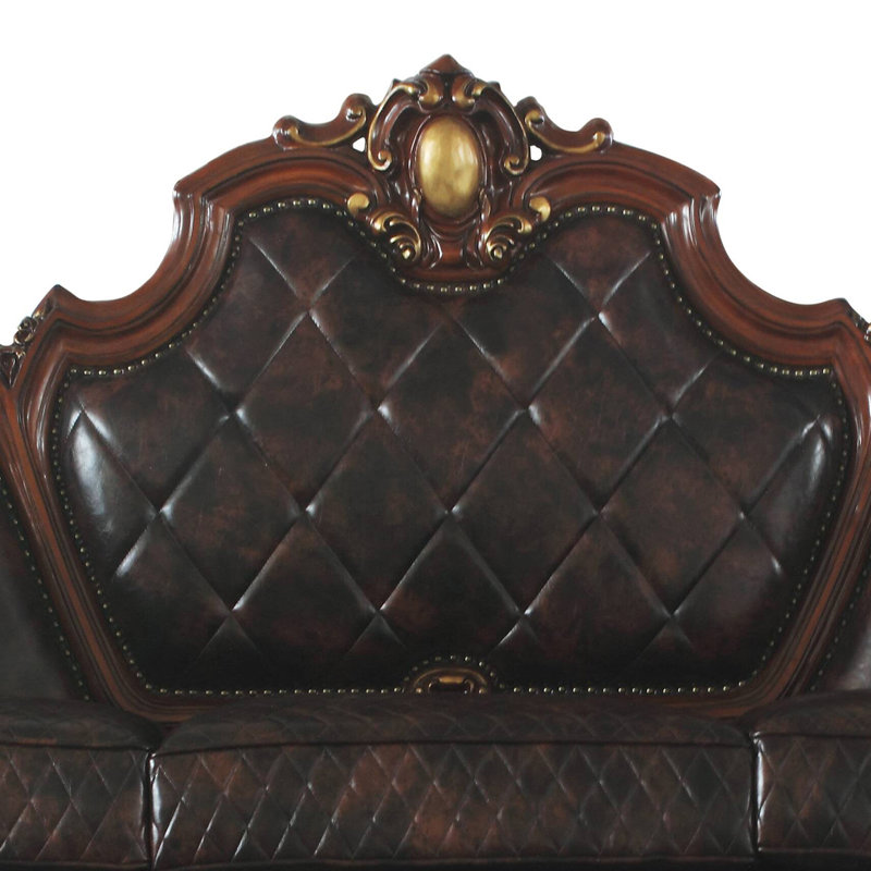 110'' Vintage Cherry Oak Faux Leather Tufted Sofa