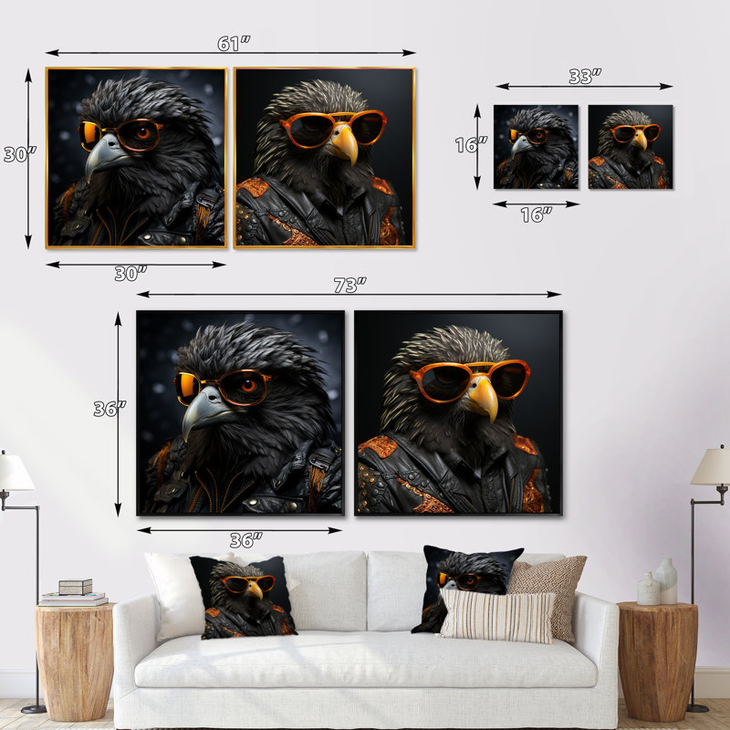 Cool Black Bird - aviateurs noirs - animaux, ensemble de 2 oiseaux carrés, H 16 po x l 33 po, Toile tendue
