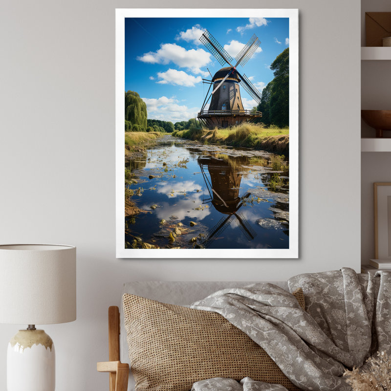 Uchida Holland Windmill Reflections I - reproduction sur toile, Cadre photo blanc, H 32 po x l 16 po x P 1 po