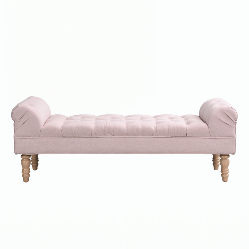 Averleigh Button-Tufted Upholstered End Of Bed Bench With Rolled Arms And Turned Wood Legs, Pink, Brown