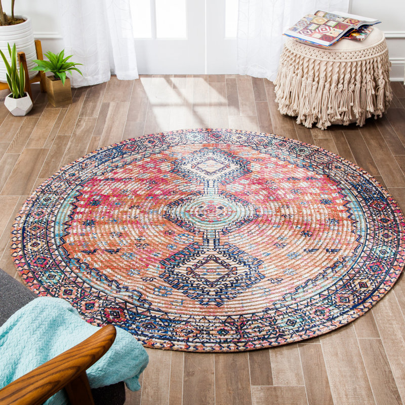 Tapis oriental tressé à la main bleu / orange / rouge, Rond 8 pi