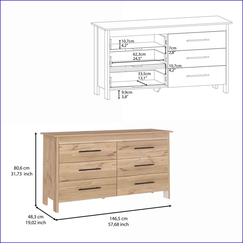 Commode double 6 tiroirs avec plateau supérieur Poignées noires, chêne clair / blanc | Multicolore | Bois d'ingénierie