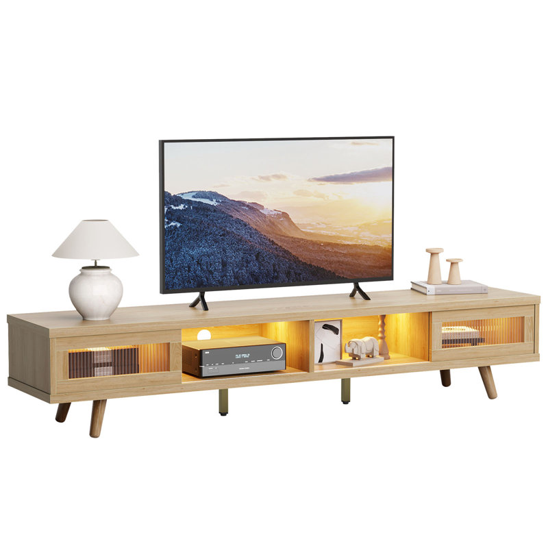 70'' Mid-Century Modern TV Stand with LED Lights Sliding Doors, Media Console for TVs up to 75'', Wood