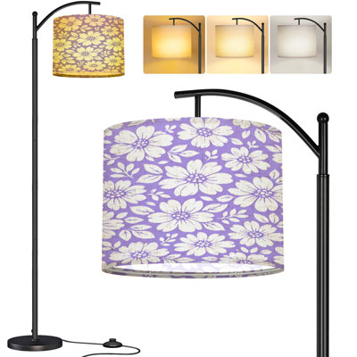  Arc Floor Lamp White Daisy Floral Lavender Purple Botanical Tall Modern Standing Lamp LED Adjustable Linen Lampshade 3 Color Temperatures