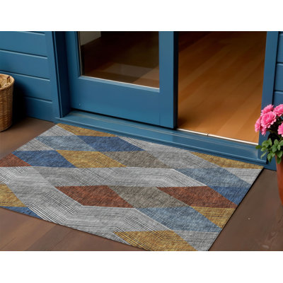 Tapis intérieur lavable à motif argyle gris et or 3 pi x 5 pi