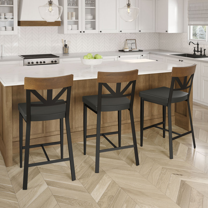 Tabouret de comptoir Mayna avec décor en bois massif, Noir