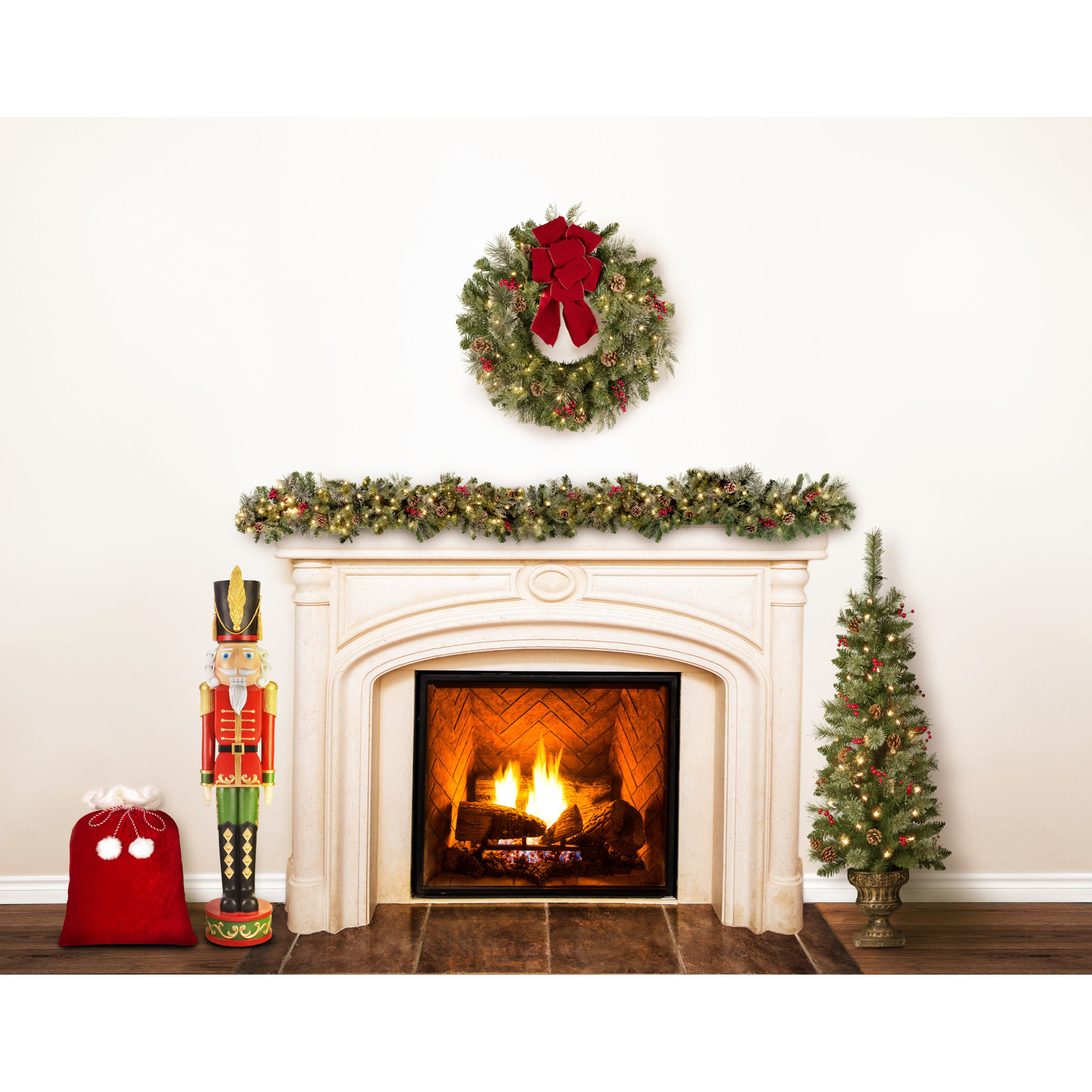 4' H Realistic Potted Spruce Tree, Classic Garland and Wreath Set