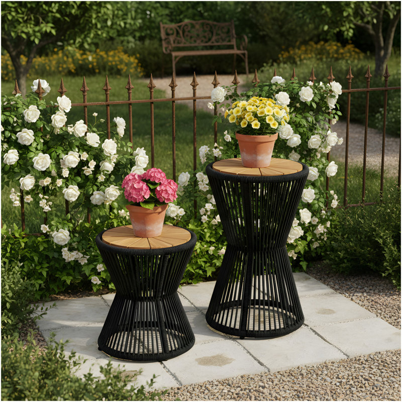 Table d'appoint d'extérieur noire en bois d'acacia et corde tissée Scott Living Nara, Black