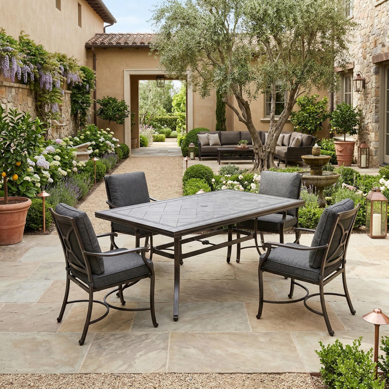 Keeven Metal Outdoor Dining Table With Porcelain Tabletop and Umbrella Hole , 67.5'' in. W 39.5'' in. D