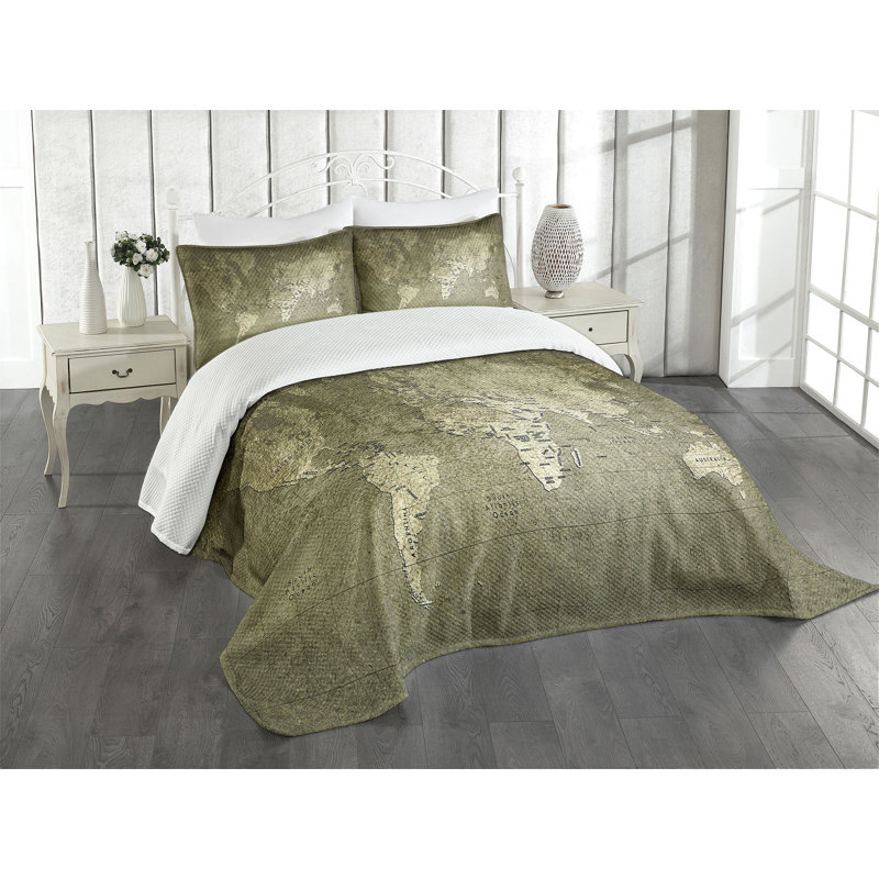 Queen Size White Quilted Bedspread Set with World Map Design