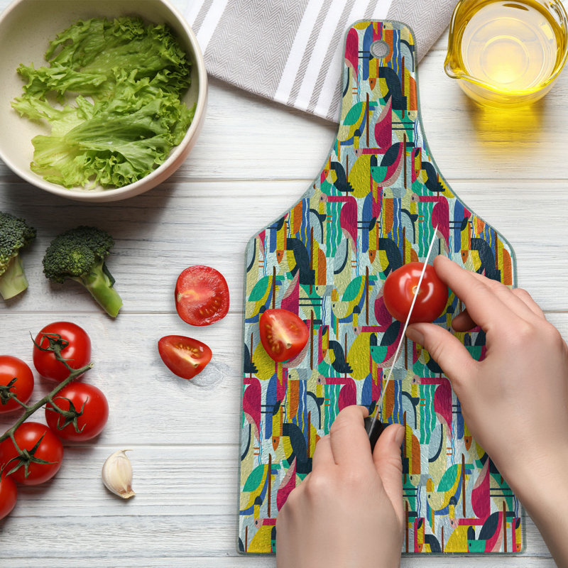 Ambesonne Birds Tempered Glass Cutting Board Toucan and Flamingos Multicolor