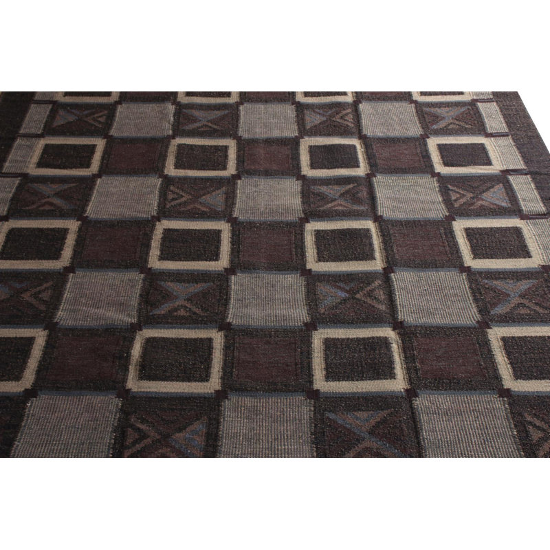 Rug & Kilim's Scandinavian Style Flat Weave Gray Earth Tone Purple Geometric, Rectangle 6' x 9'