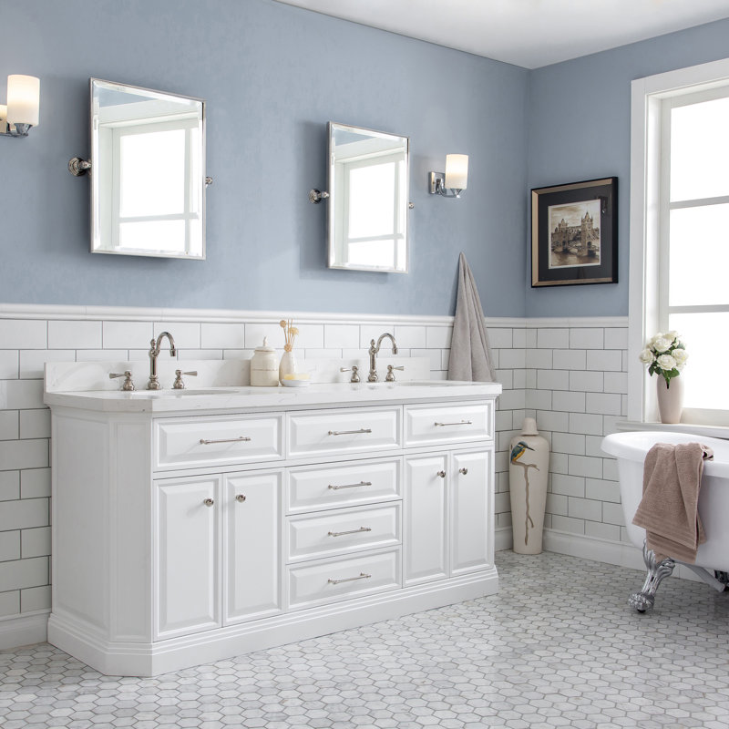 Meuble-lavabo de comptoir en quartz 72 po avec robinet Bruning de Bruning, Nickel poli, fixé sur le comptoir, Blanc pur