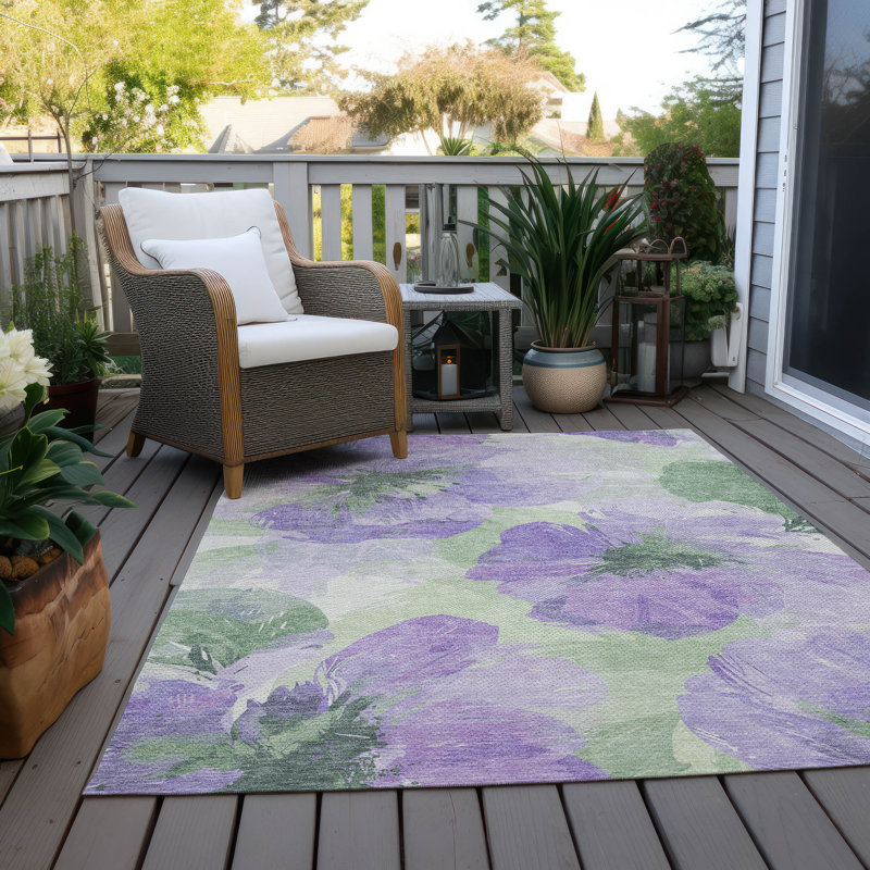 Lavender and Green Floral Washable Synthetic Area Rug