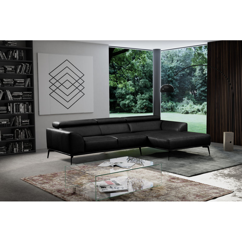 Blagovesta Genuine Semi-Aniline Leather Corner Sofa with Upholstered Frame, Right Hand Facing, Black