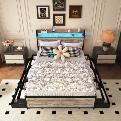 Structure de lit double avec tête de lit avec rangement et 12 tiroirs avec lumières DEL, plateforme en métal avec support antidérapant et silencieux pour matelas, support de lattes en métal robuste