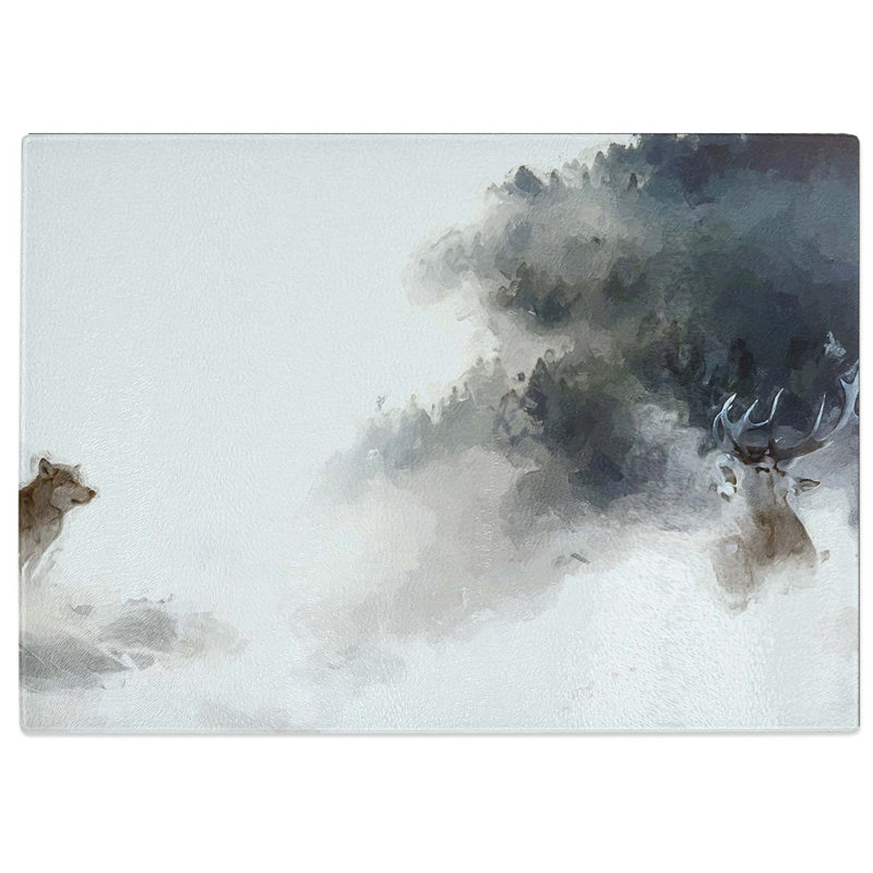 Tempered Glass Wolf & Stag in a Winter Forest in Abstract Chopping Board, 39 cm W x 28.5 cm L