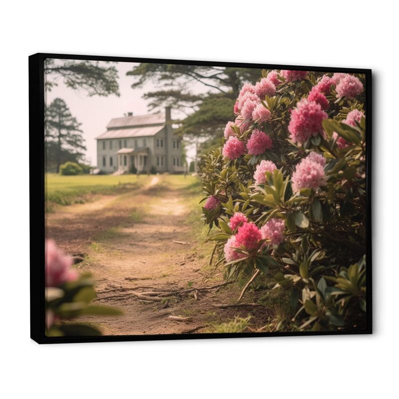 Rhododendron en fleurs à la ferme II, H 34 po x l 44 po x P 1,5 po, Cadre flottant noir