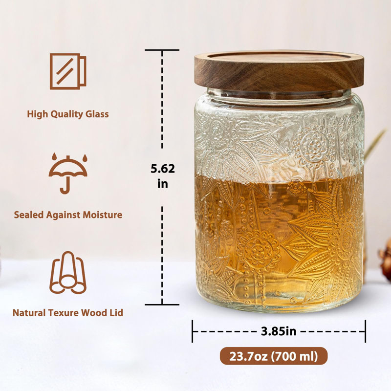 Pot de rangement en verre 24 oz / 4 PCS avec couvercles en bois de bambou hermétiques, ensembles de contenants de nourriture rétro