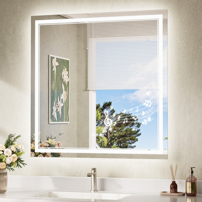Miroir de salle de bain Bluetooth à DEL à éclairage avant et rétroéclairé, 3 couleurs de température et intensité variable, miroir de coiffeuse en verre trempé