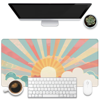 Grand tapis de souris de jeu pour bureau, tapis de bureau bohème pastel soleil, tapis de bureau coloré soleil, grand tapis de souris pour clavier d'ordinateur avec base antidérapante et bords cousus, 40 x 90 cm. Livré avec une tasse blanche en cadeau.