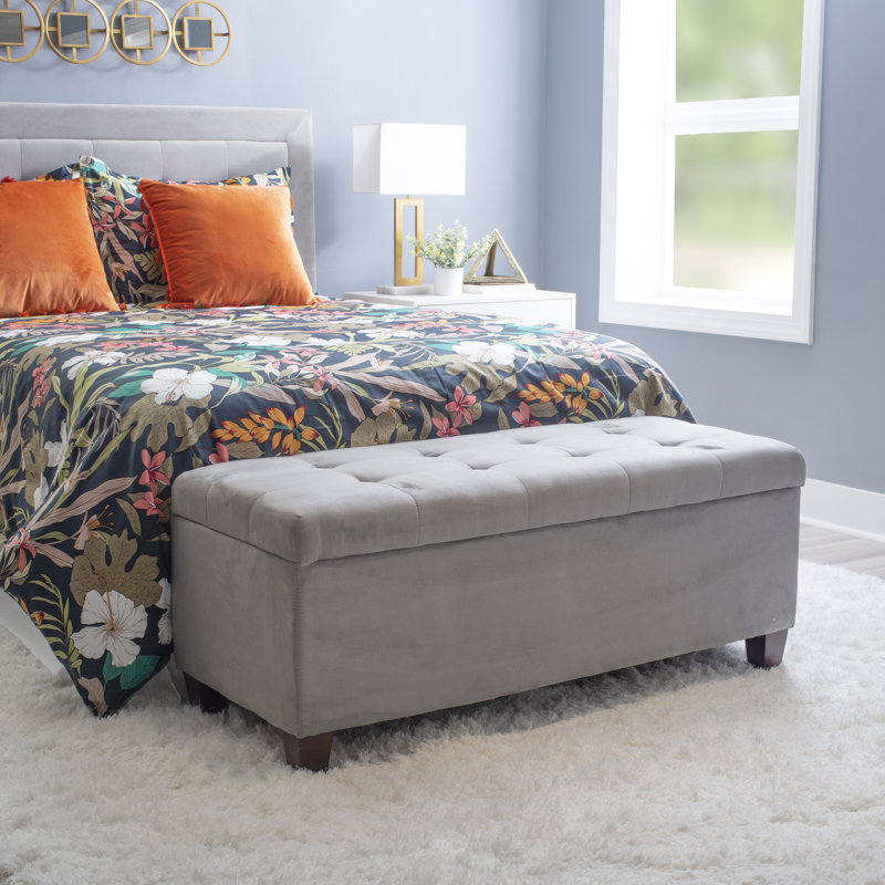 Repose-pied capitonné rectangulaire avec rangement de 48 po Shen, Microfibre/microsuède gris