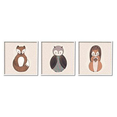 Portraits d'animaux stylisés, écureuil, écureuil, chouette, ensemble de 3 impressions sur bois
