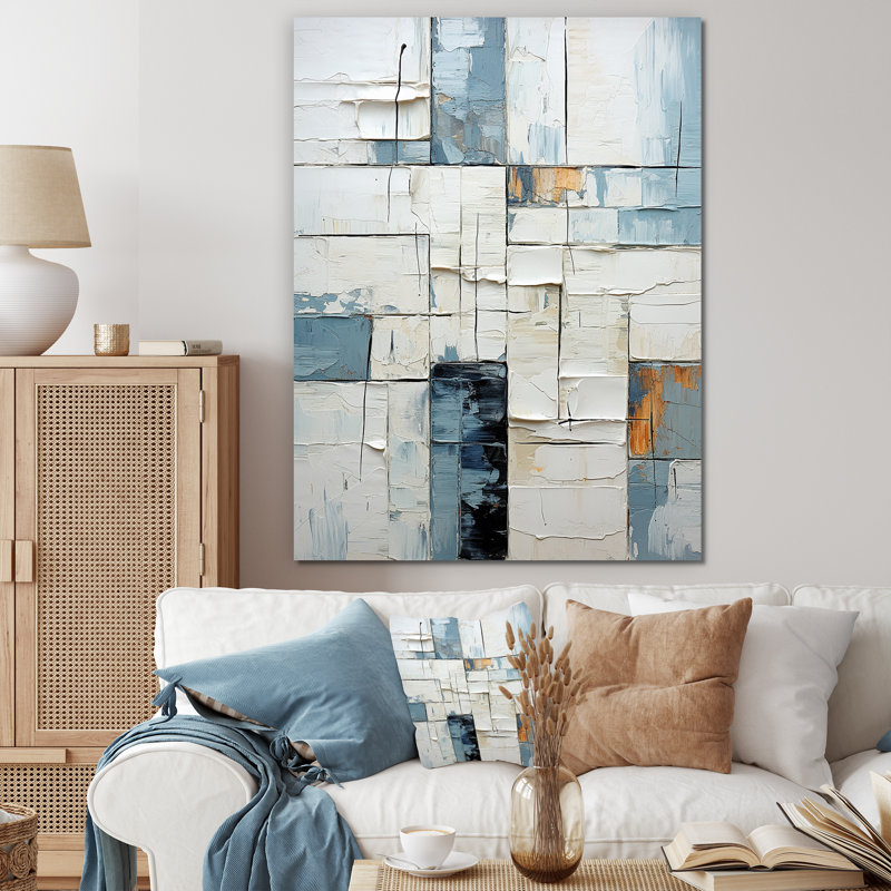 Cubisme bleu et blanc Fight I - formes abstraites, décoration murale, Toile tendue, H 32 po x l 24 po x P 1 po