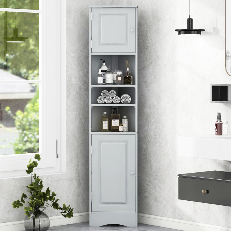 Armoire de rangement fonctionnelle pour salle de bain grise avec tablettes réglables et grand coin élégant pour - deux portes, finition