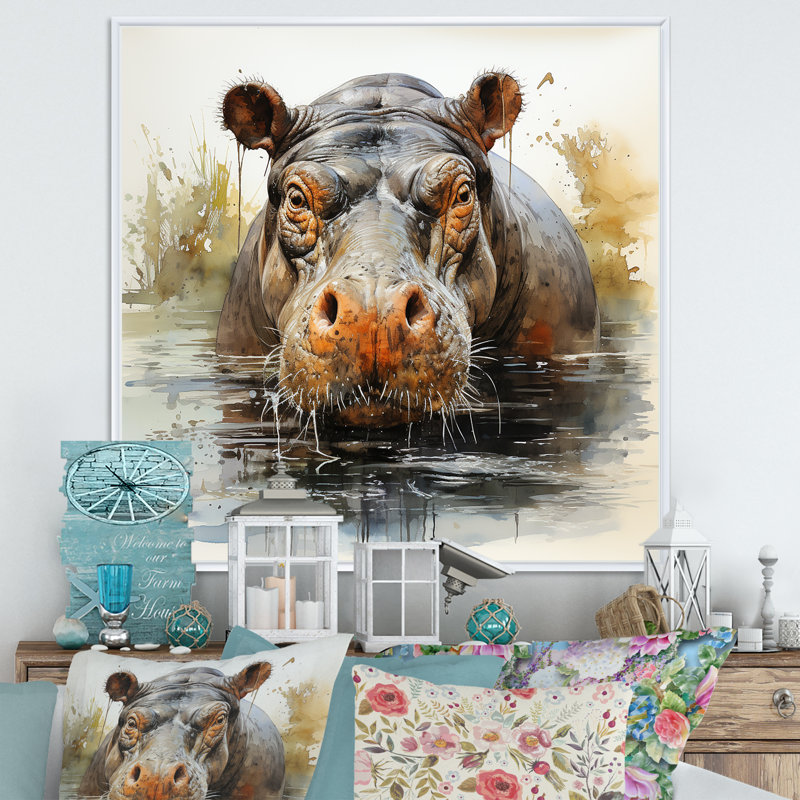 Hippopotame gris et gris, Cadre flottant blanc, H 16 po x l 16 po x P 1 po