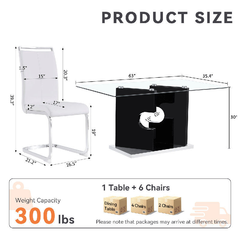 Ensemble de table de salle à manger 63 ", ensemble de table de salle à manger en verre avec pieds à structure ouverte et chaises en similicuir