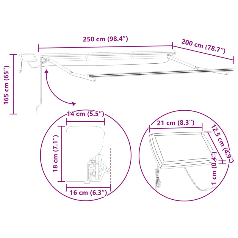 VidaXL Polyester Cover Retractable Patio Awning, Striped, 250cm W x 200cm D, Red/White
