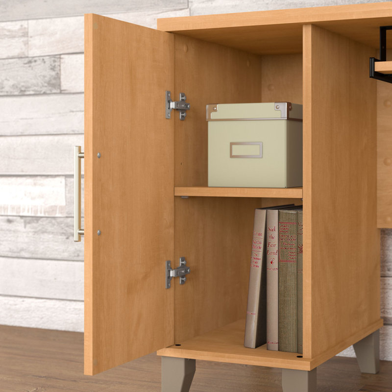 Bureau en L 60 po avec huche et rangement Paelynn, bureau d'ordinateur de coin, bois moderne, noyer frais, Noyer frais