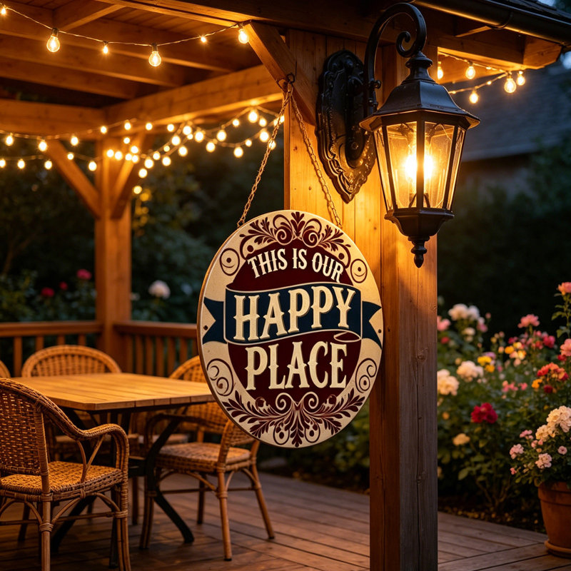 Plaque de fer pour cour suspendue à l'extérieur «Happy World» en métal, H 12,2 po x l 8,66 po x P 0,39 po
