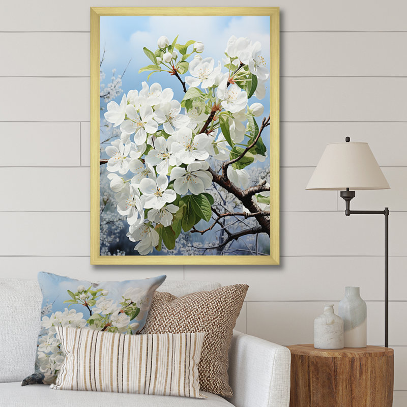 «Cravets Apple Blossom Elegance Monochromatique» sur toile, H 32 po x l 16 po x P 1 po, Cadre doré à une seule photo