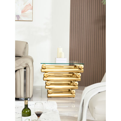 Table moderne en acier inoxydable doré, verre trempé carré transparent de 24 po, cadre de salon et cadre en verre exquis avec finition dorée, magnifique