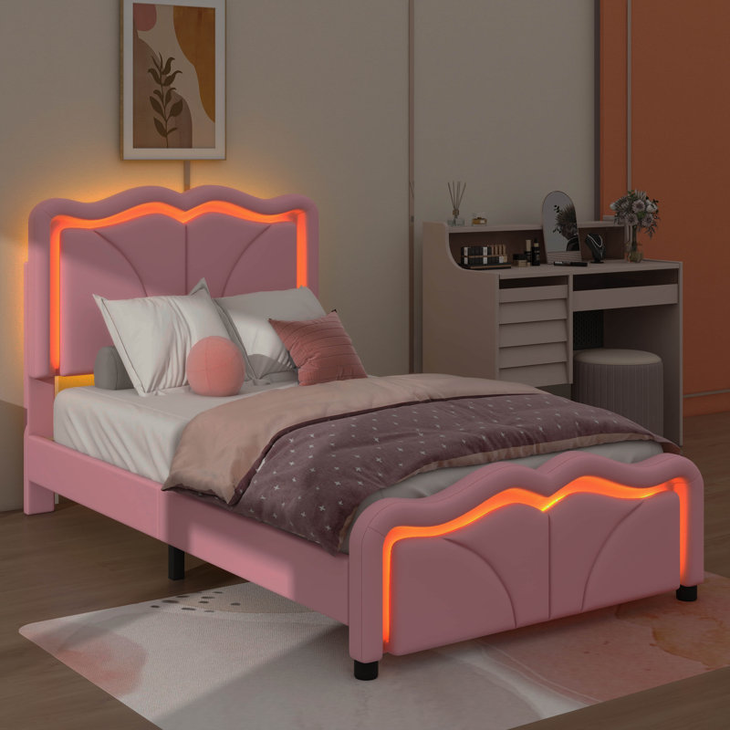 Lit plateforme tapissier Sleek Curved Design, Lit simple, Rose