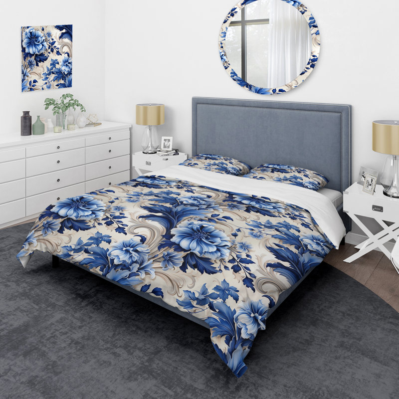 Ensemble de housse de couette Majestic Cobalt Scrolls Victorian, Housse de couette pour très grand lit et 2 très