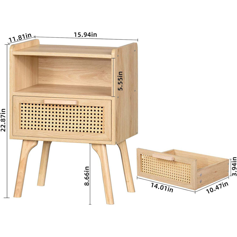 Cane Accent Bedside End Table With Solid Wood Legs For Bedroom, Dorm And Small Spaces