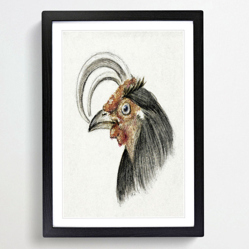 Head of a Rooster by Jean Bernard - Picture Frame Drawing Print, 65cm H x 48cm W x 2cm D, Black Framed